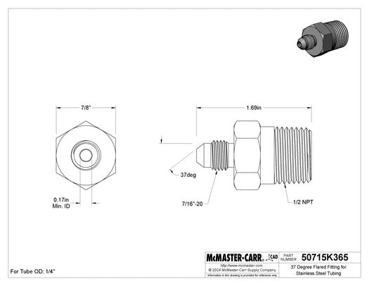 McMaster 50715K365 37 Degree Flared Fitting for Stainless Steel Tubing Straight Adapter for 1/4" Tube OD x 1/2 NPT Male