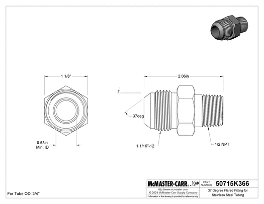 McMaster 50715K366 37 Degree Flared Fitting for Stainless Steel Tubing Straight Adapter for 3/4" Tube OD x 1/2 NPT Male