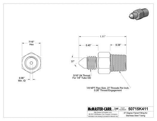 McMaster 50715K411 37 Degree Flared Fitting for Stainless Steel Tubing Straight Adapter for 1/8" Tube OD x 1/8 NPT Male