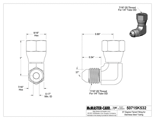 McMaster 50715K532 37 Degree Flared Fitting for Stainless Steel Tubing 90 Degree Swivel Adapter for 1/4" OD Tube x Female Tube