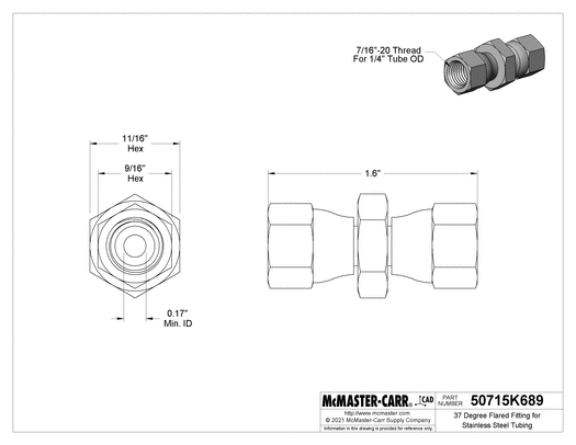 McMaster 50715K689 37 Degree Flared Fitting for Stainless Steel Tubing Straight Connector with Swivel, for 1/4" Tube OD