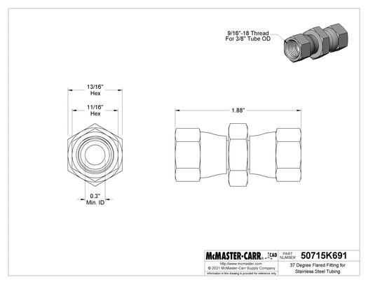 McMaster 50715K691 37 Degree Flared Fitting for Stainless Steel Tubing Straight Connector with Swivel, for 3/8" Tube OD