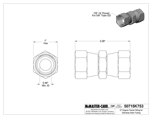 McMaster 50715K753 37 Degree Flared Fitting for Stainless Steel Tubing Straight Connector with Swivel, for 5/8" Tube OD