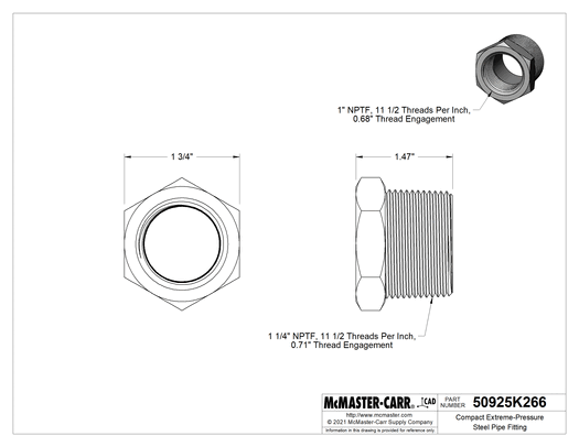 McMaster 50925K266 Compact Extreme-Pressure Steel Pipe Fitting Bushing Adapter, 1-1/4 NPTF Male x 1 NPTF Female