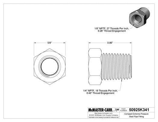 McMaster 50925K341 Compact Extreme-Pressure Steel Pipe Fitting Bushing Adapter, 1/4 NPTF Male x 1/8 NPTF Female