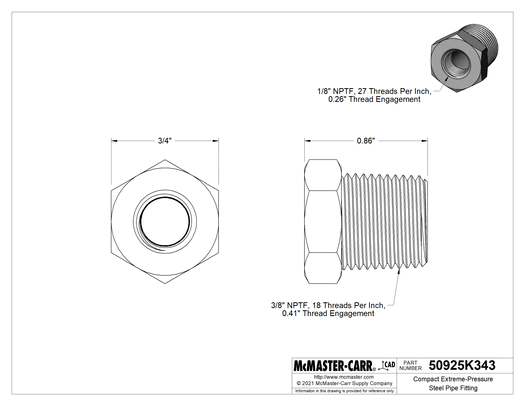 McMaster 50925K343 Compact Extreme-Pressure Steel Pipe Fitting Bushing Adapter, 3/8 NPTF Male x 1/8 NPTF Female