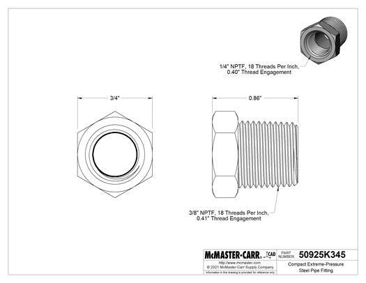 McMaster 50925K345 Compact Extreme-Pressure Steel Pipe Fitting Bushing Adapter, 3/8 NPTF Male x 1/4 NPTF Female