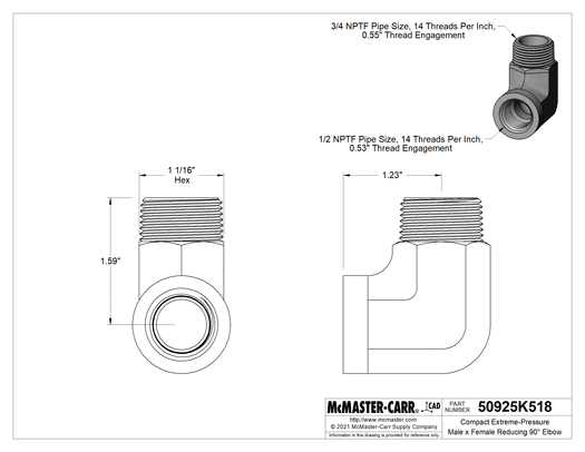 McMaster 50925K518 Compact Extreme-Pressure Steel Pipe Fitting 90 Degree Reducing Adapter, 3/4 Male x 1/2 Female NPTF