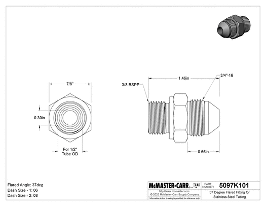 McMaster 5097K101 37 Degree Flared Fitting for Stainless Steel Tubing Straight Adapter for 1/2" Tube OD x 3/8 BSPP Male