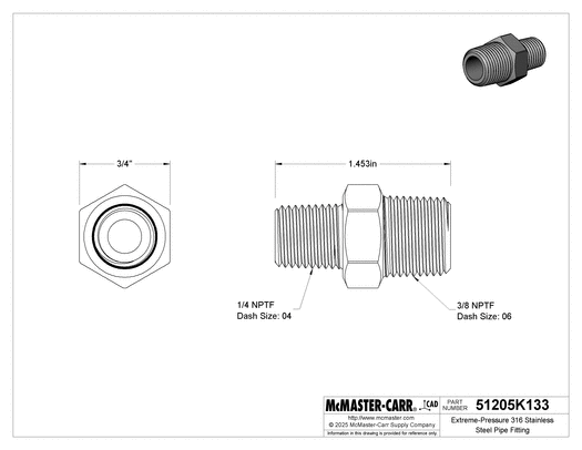 McMaster 51205K133 Extreme-Pressure 316 Stainless Steel Pipe Fitting Straight Reducer with Hex Body, 3/8 x 1/4 NPTF Male