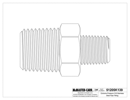 McMaster 51205K139 Extreme-Pressure 316 Stainless Steel Pipe Fitting Straight Reducer with Hex Body, 1/2 x 1/4 NPTF Male