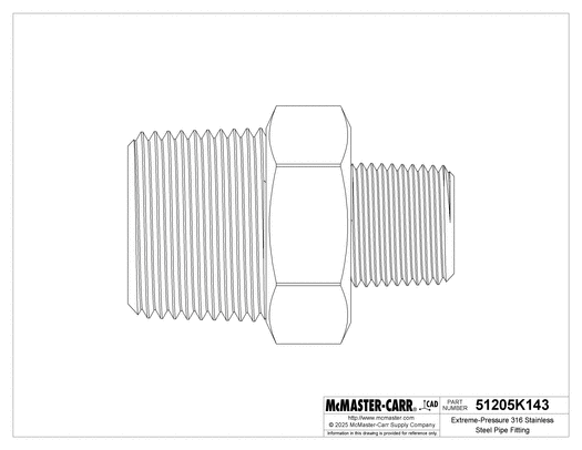 McMaster 51205K143 Extreme-Pressure 316 Stainless Steel Pipe Fitting Straight Reducer with Hex Body, 3/4 x 3/8 NPTF Male