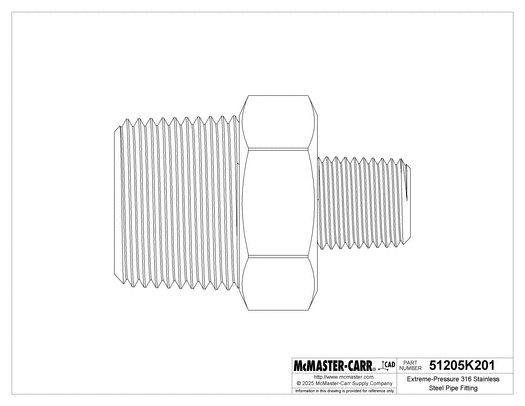 McMaster 51205K201 Extreme-Pressure 316 Stainless Steel Pipe Fitting Straight Reducer with Hex Body, 3/4 x 1/4 NPTF Male