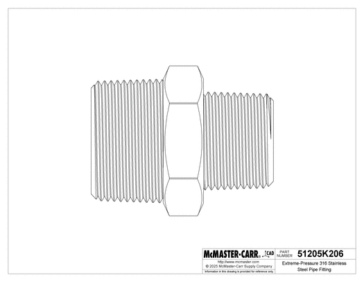 McMaster 51205K206 Extreme-Pressure 316 Stainless Steel Pipe Fitting Straight Reducer with Hex Body, 1-1/4 x 1 NPTF Male