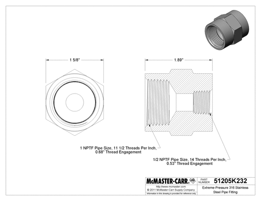 McMaster 51205K232 Extreme-Pressure 316 Stainless Steel Pipe Fitting Straight Reducer with Hex Body, 1 x 1/2 NPTF Female