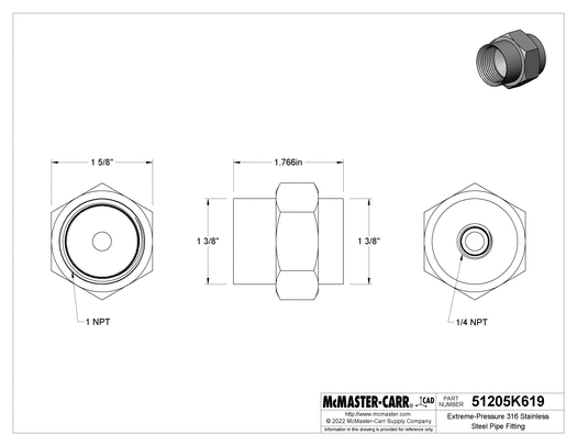 McMaster 51205K619 Extreme-Pressure 316 Stainless Steel Pipe Fitting Straight Reducer, 1 x 1/4 NPT Female