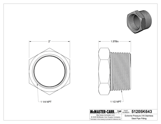 McMaster 51205K643 Extreme-Pressure 316 Stainless Steel Pipe Fitting Bushing Adapter, 1-1/2 NPT Male x 1-1/4 NPT Female