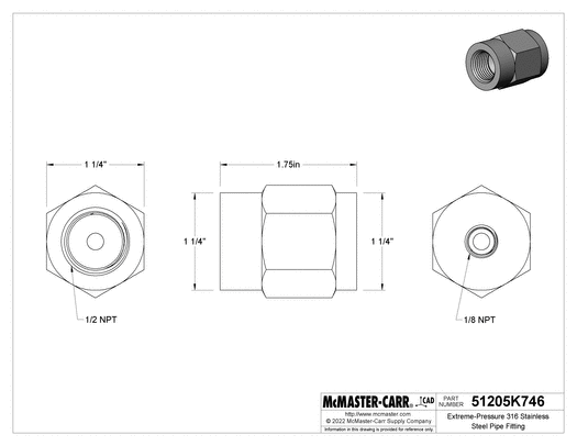 McMaster 51205K746 Extreme-Pressure 316 Stainless Steel Pipe Fitting Straight Reducer, 1/2 x 1/8 NPT Female