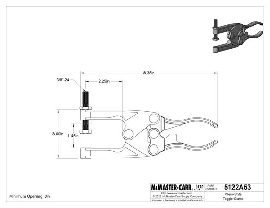 McMaster 5122A53 Pliers-Style Toggle Clamp, Steel, 0"–1-3/8" Opening, 1,200 lb Holding Capacity, Pull-Open Lock