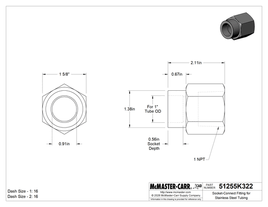 McMaster 51255K322 Socket-Connect Fitting for SS Tubing, 316 SS Adapter, 1" Tube OD × 1 NPT Female, 4300 psi