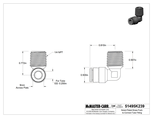 McMaster 51495K239 Nickel-Plated Brass Push-to-Connect Tube Fitting, 90° Elbow Adapter, for 1/4" Tube OD × 1/4 NPT Male, for Air