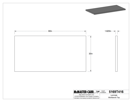 McMaster 5169T401 Laminate Workbench Top, Straight Edge, 60" × 30", Black, 1,250 lb Capacity
