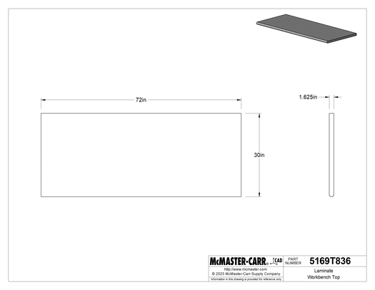 McMaster 5169T803 Laminate Workbench Top, Bullnose Edge, 72" × 30", Black, 1,500 lb Capacity