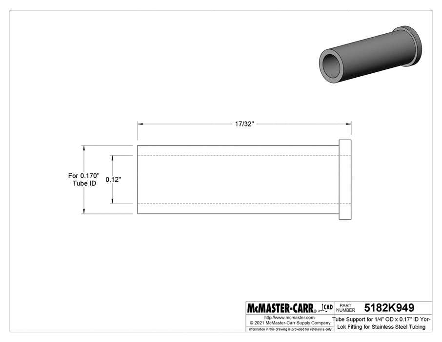 McMaster 5182K949 Tube Support for 1/4" OD x 0.17" ID Tube