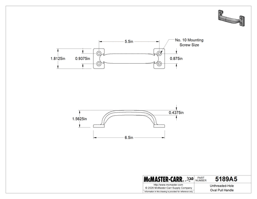 McMaster 5189A5 Unthreaded-Hole Oval Pull Handle, Polished 304 Stainless Steel, 5-1/2" Center-to-Center