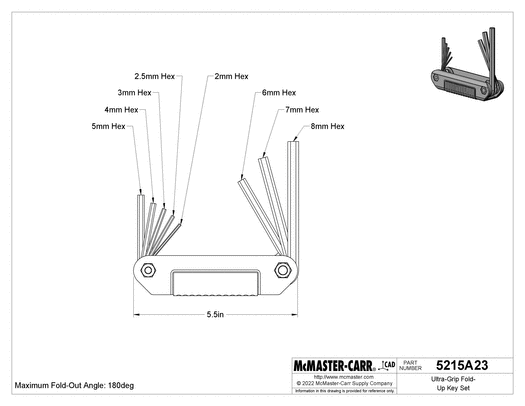 McMaster 5215A23 Ultra-Grip Fold-Up Key Set 8 Metric Hex Sizes