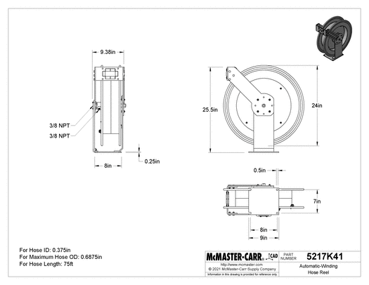 McMaster 5217K41 Automatic-Winding Hose Reel with Brass 3/8 NPT Female Inlet, for 75 Feet of Hose