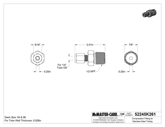 McMaster 52245K261 Compression Fitting for SS Tubing, 316 SS Straight Adapter, for 1/4" Tube OD × 1/2 NPT Male, 5000 psi