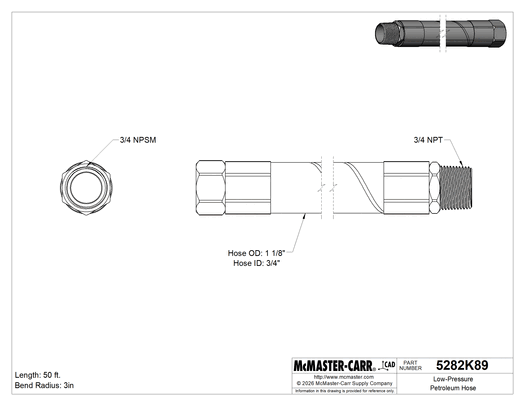 McMaster 5282K39 Low-Pressure Petroleum Hose with 3/4 NPT Male x 3/4 NPSM Female Fittings, 1-3/16" OD