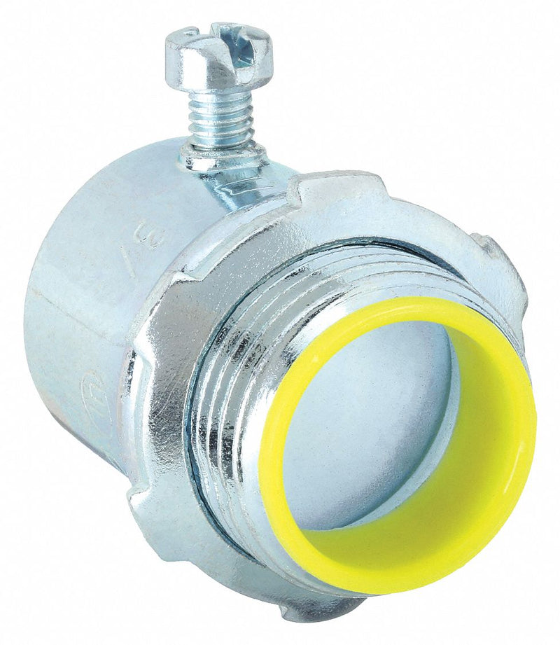 Raco 2123 Set Screw Conduit Connector, Steel, 3/4 in Trade Size, 1 15/32 in Overall Lg, Insulated, Gray/Yellow