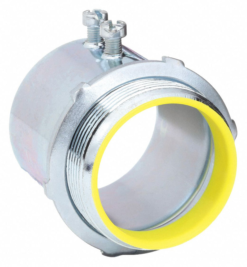 Raco 2128 Set Screw Conduit Connector, Steel, 2 in Trade Size, 2 15/32 in Overall Lg, Insulated, Gray/Yellow