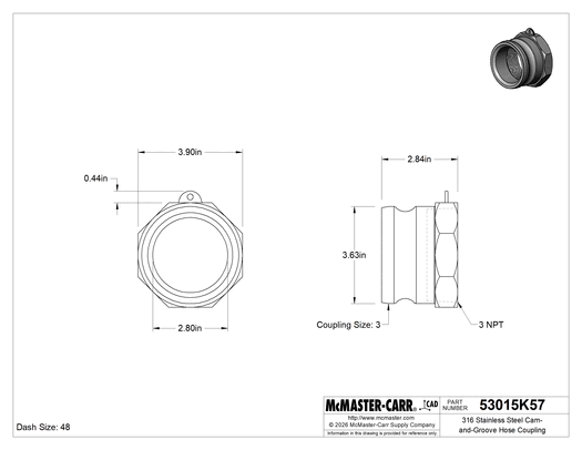 McMaster 53015K57 316 Stainless Steel Cam-and-Groove Hose Coupling Plug, 3 Coupling Size × 3 NPT Female, 200 psi