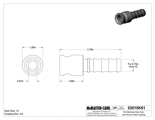 McMaster 53015K61 316 Stainless Steel Cam-and-Groove Hose Coupling Straight Plug, 3/4 Coupling Size x for 3/4" Hose ID