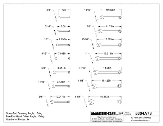 McMaster 5304A73 12-Point Box Opening Combination Wrench 14-Piece Inch Set, Polished