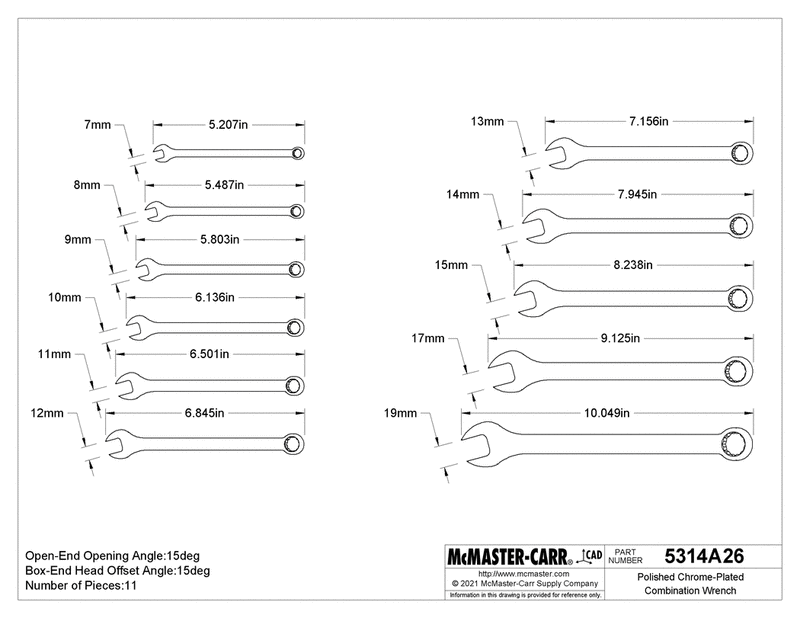 McMaster 5314A26 Polished Chrome-Plated Combination Wrench with 12-Point Openings, 11-Piece Metric Set