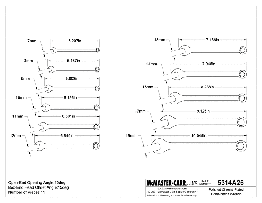 McMaster 5314A26 Polished Chrome-Plated Combination Wrench with 12-Point Openings, 11-Piece Metric Set