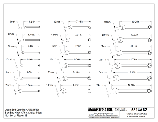 McMaster 5314A62 Polished Chrome-Plated Combination Wrench, with 12-Point Openings, 18-Piece Metric Set