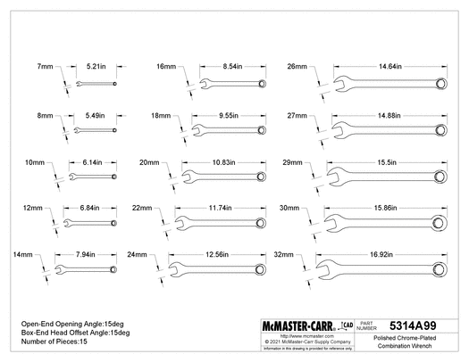 McMaster 5314A99 Polished Chrome-Plated Combination Wrench with 12-Point Openings, 15-Piece Metric Set
