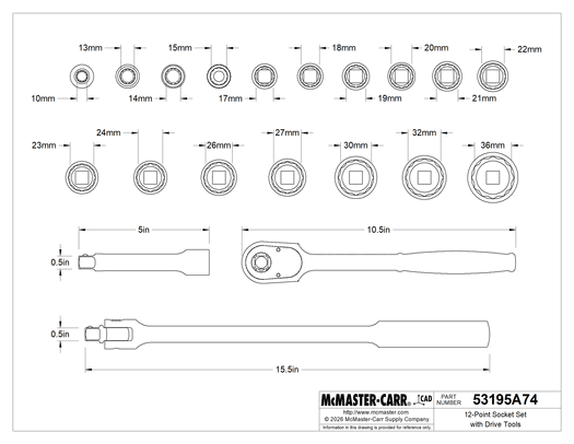 McMaster 53195A74 12-Point Socket Set with Drive Tools, 1/2" Square Drive, 20 Pieces