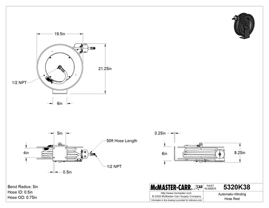 McMaster 5320K31 Automatic-Winding Hose Reel, with 6" x 6" Base, Brass 1/2 x 1/2 NPT, 50 Feet Long Hose