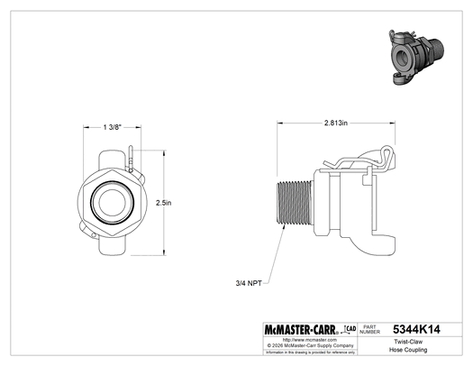 McMaster 5344K14 Twist-Claw Hose Coupling, Brass, 3/4 NPT Male End