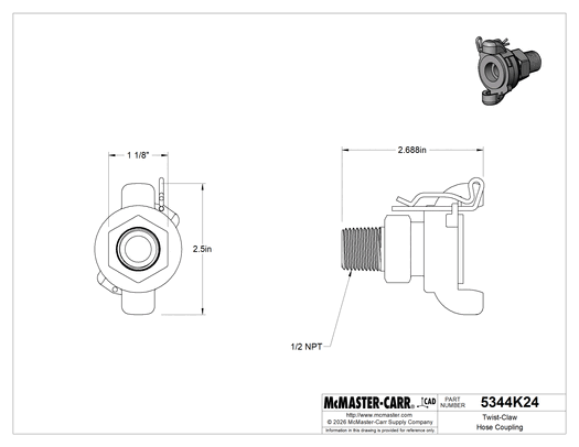 McMaster 5344K24 Twist-Claw Hose Coupling, Iron, 1/2 NPT Male End