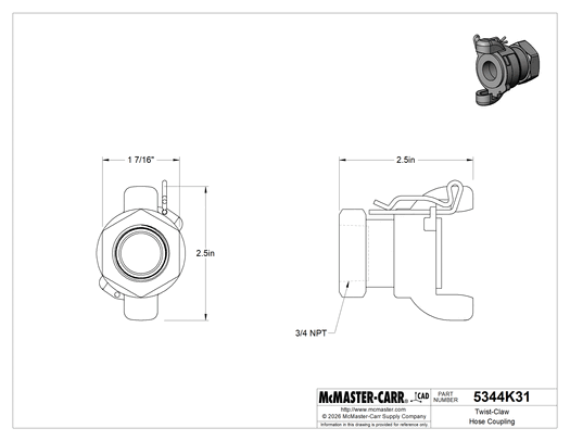 McMaster 5344K31 Twist-Claw Hose Coupling, Iron, 3/4 NPT Female End