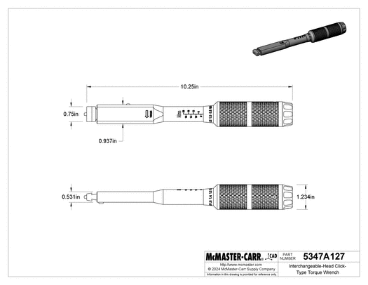 McMaster 5347A127 Changeable-Head Torque Wrench Adjustable, 4 N-M to 20 N-M Torque Range