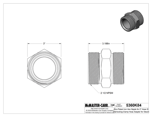 McMaster 5360K84 Zinc-Plated Iron Hex Nipple for 2" Hose ID Interlocking-Clamp Hose Adapter for Steam