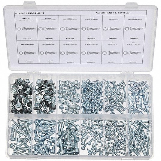 KVM Tools CPS1YY55GR Self - Drilling Screw Assortment Hex Washer, Zinc - Plated, Steel, External Hex, 295 Pieces, 12 Sizes - KVM Tools Inc.KV53WR12